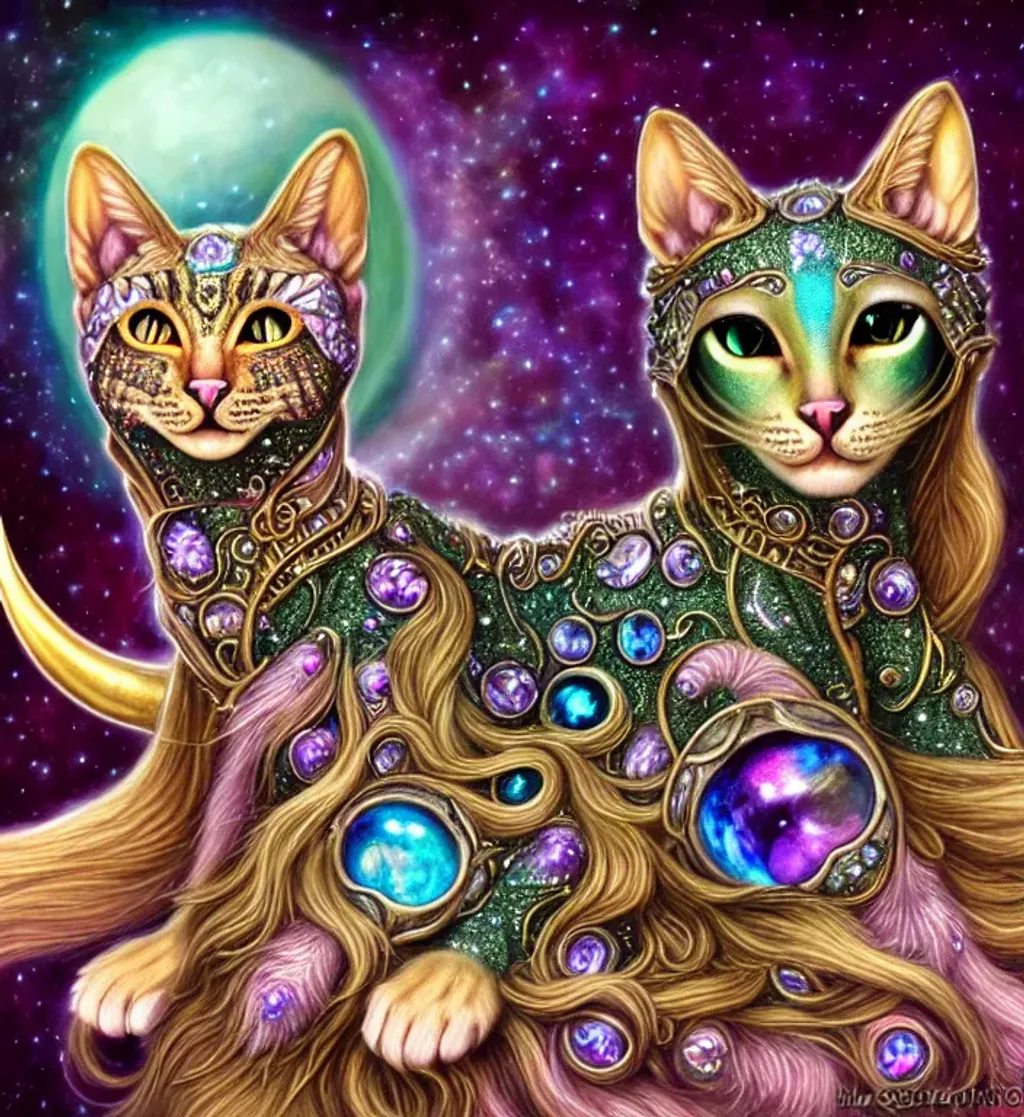 Prompt: Bejewelled aesthetic cat shapeshifter felinoid goddess, photorealistic eyes, iridescent jewellery, background, alien planet with a crystal moon in the style of Donato Giancola and Anna Liwanag, Trending on fursona, furaffinity, detailed, intricate, hypermaximilist elegant aesthetic, ornate, hyper realistic, cgsociety, trending on deviantart, unreal engine, ray tracing, detailed illustration, 128K UHD