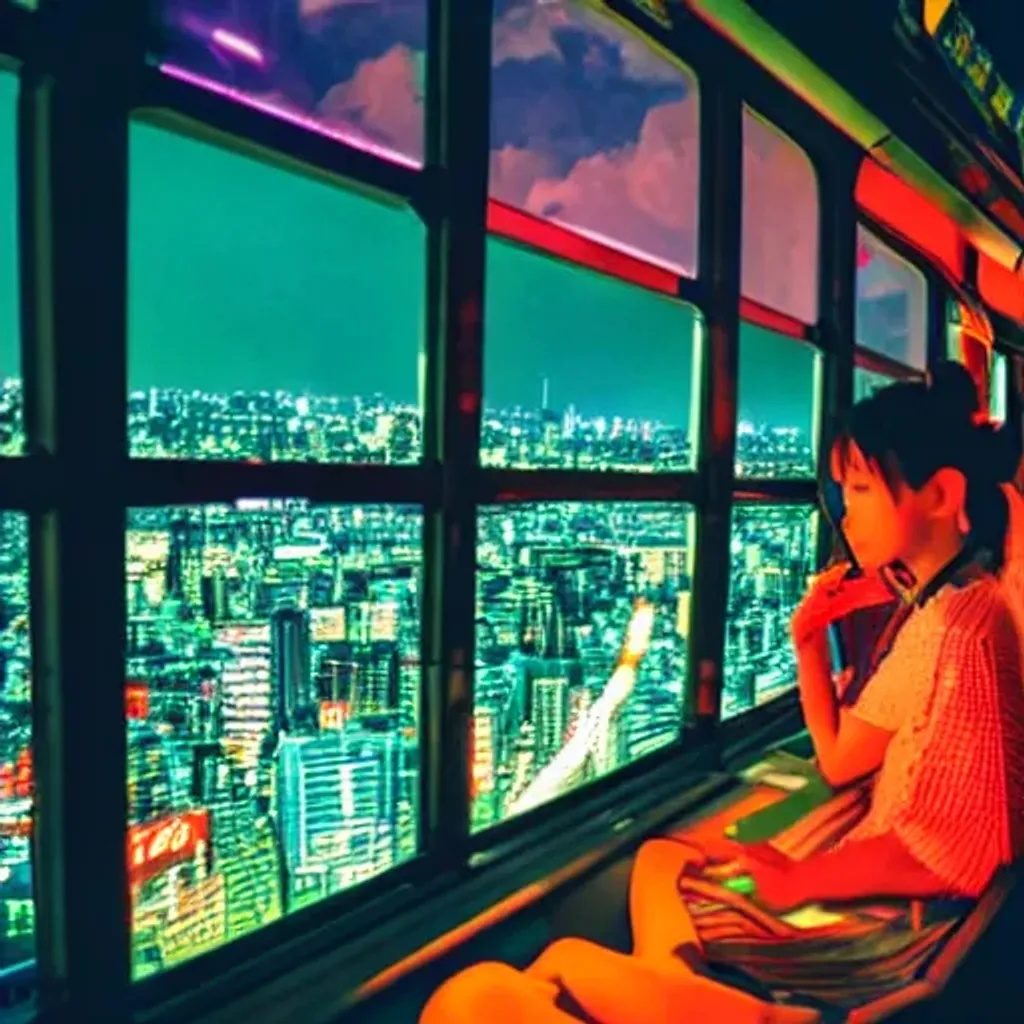 Prompt: Anime sitting on train view from above windows view of tokyo neon lights show from the inside people sitting studio ghibli style looking outside luxury