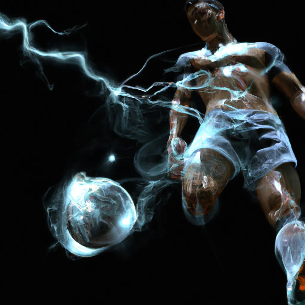 Prompt: a smooth transparent clear crystal body of Christiano Ronaldo reverse kicking a soccer ball appears to be illuminated by smooth streaks of random lightning bolt wrapping his body in total darkness by Christian W. Staudinger, featured on cg society, perfect composition, black background, darkness, holography, backlight, transparent crystal, chiaroscuro, bioluminescence, opalescent, iridescent, x-ray hologram | 3d octane render | octane lighting | dream fantasy | centered | octane render artstation trending 8k ultra-detailed  | sharp focus golden ratio | Disney Pixar Dreamworks 