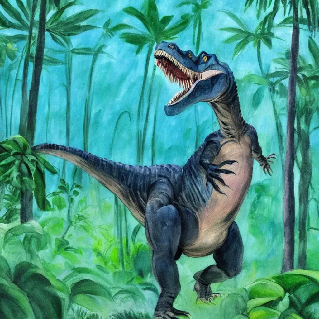 Prompt: a painting of a dinosaur in a jungle, prehistoric, inspired by Max Liebermann, oil on canvas, dynamic perspective and angle, featured on artstation, graham ingels, connectedness, sold at an auction, thin strokes, inspired by Gustaf Tenggren, fantasy art, detail shot, impressionist oil painting, masterpiece contrite conundrum, map patreon, fantasy comics, crayons, seurat, very grainy, warping shapes, swirl paint strokes, oil on canvas, pointillism, a detailed painting, inspired by Georges Seurat, digital art, 7 0 mm. digital art, in oil, in the style of hans thoma, atmospheric, blur, old