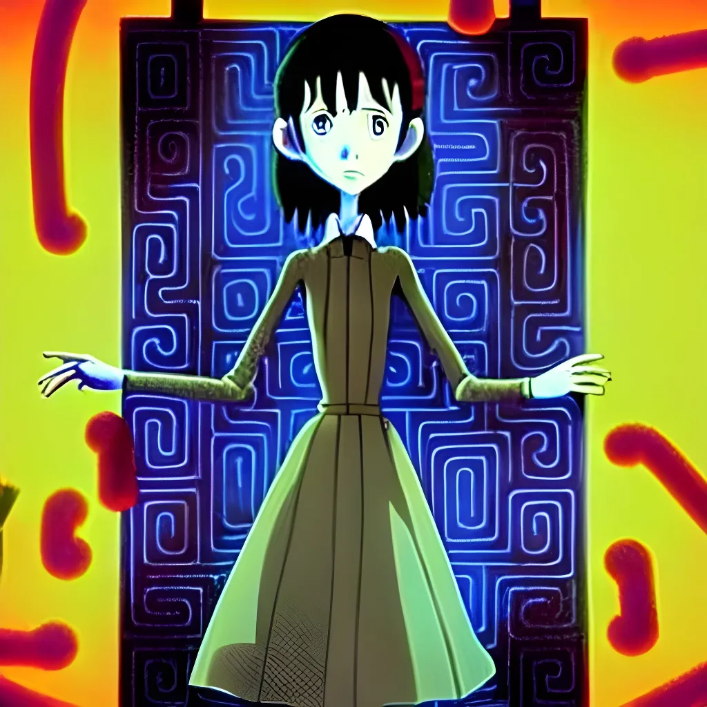 Prompt: Lain, anime. Ultra realistic hyper realistic octane render digital airbrush Studio ghibli poster of a smart and happy middle aged artificial intelligence artist woman walking trough a Circuit board labyrinth maze laboratory in the style of Coraline and Corpse Bride and Don't Starve. 

Multidimensional dreamy poetic emotional illusion by Sho Murase, Anna Dittmann, Bernie Wrightson, Tom Bagshaw and tim Burton. slightly inspired by eyvind earle and Alice in wonderland. 

Programming code. Network. Neural network. Technology. Easel. Paint. Space, friendship, blessings,  strength, stars, Constellations. Druid. Lillies. Trees. Soft digital. Symmetry.  Symmetrical. Balanced. 