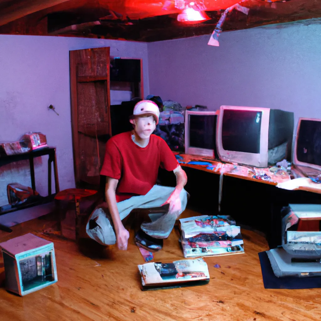 Prompt: A photo of a abandoned basement with a messy gaming setup. from (2000) captured with bright camera flash, and a man presenting it.