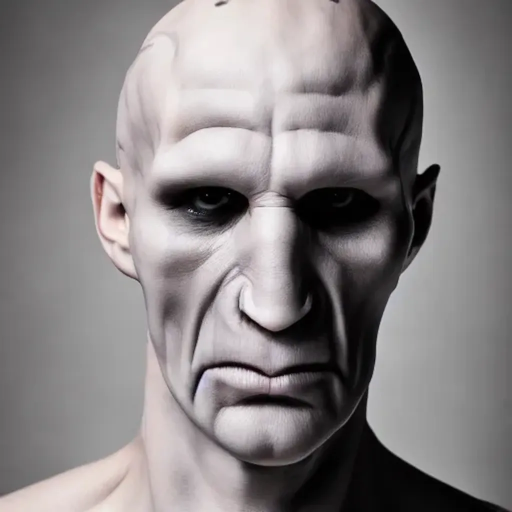 Prompt: photo realistic portrait of voldemort, centered in frame, facing camera, symmetrical face, ideal human, 85mm lens,f8, photography, ultra details, natural light, light background, photo, Studio lighting