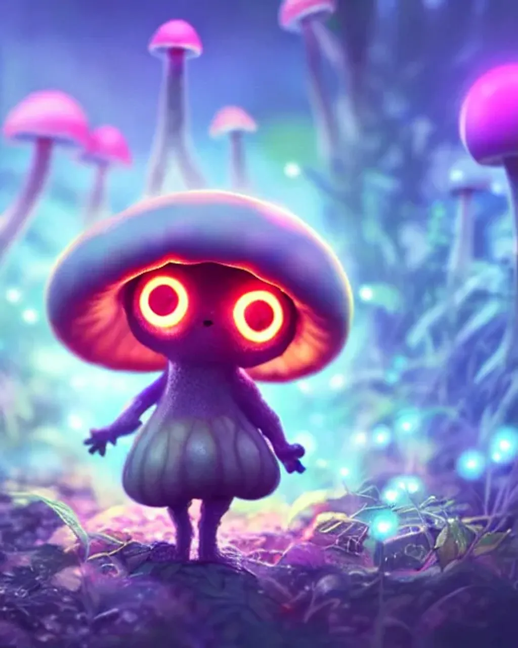 Prompt: cute mushroom creature, large adorable anime eyes, concept character art, bokeh effect, magical lighting, weed, lsd, beautiful glowing lights, bio-luminescence, sci - fi, stunning, intricate. highly detailed, digital painting, 32k poster art, trending on artstation. smooth. sharp focus. octane render, rendered in hyperion, professional award-winning illustration, matte painting by pixar, luke chueh, matt dangler, greg rutkowski, dan mumford