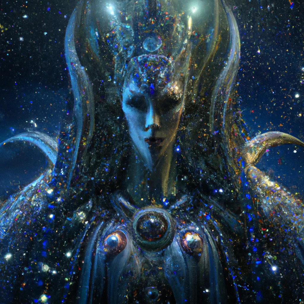 Prompt: beautiful detailed cgi matte painting female space empress of the andromeda, by ellen jewett, alessio albi | symmetrical features, ominous, alluring, vivacious, realism, intricate, ornate, royally decorated, organic, growth, whirling nebulas, glowing particles, colorful adornments, colorful torn fabric, radiant colors