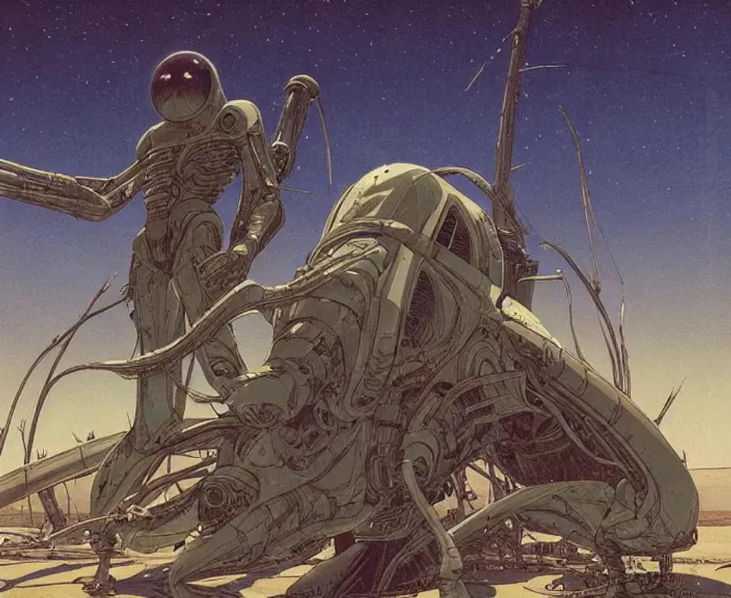 Prompt: Man with long dark brown hair standing wearing battlesuit in alien dessert next to destroyed alien craft, by Makoto Kobayashi, by Moebius, by Jean Giraud, manga, anime style, 80's, Intricate, Hand drawn, concept art, grainy color, dim lighting, Anime Key Visual, beautiful composition