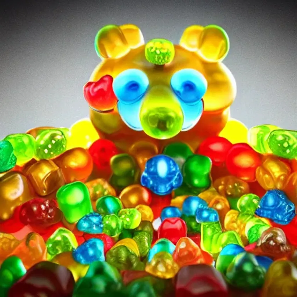 Prompt: A 3d studio photograph of a fantastic gummy bear temple, fantasy, isometric view, extreme closeup, centered, crystal clear sharp focus and high contrast. trending on Artstation, octane render, Cinema 4D, Houdini, Maya, blender 