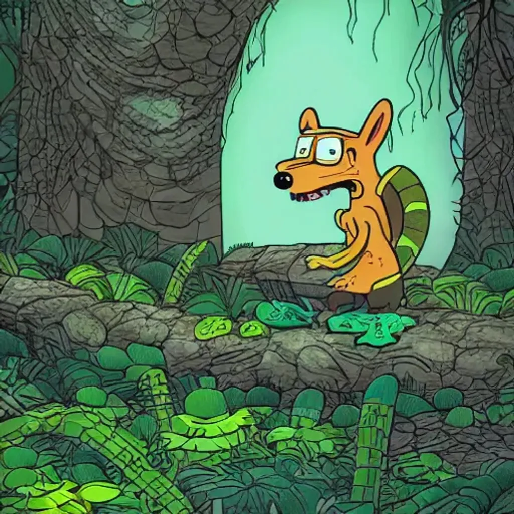 Prompt: green orchid-squirrel monster searching for food, dynamic lighting, bright colours, colourful, highly detailed, futurama, matt groening, creepy, cell shading