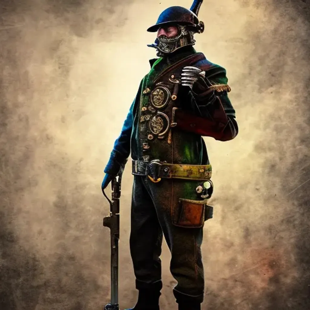 Prompt: Vibrant, Cold, Steam Punk, Soldier, Made of metall, side, background war zone