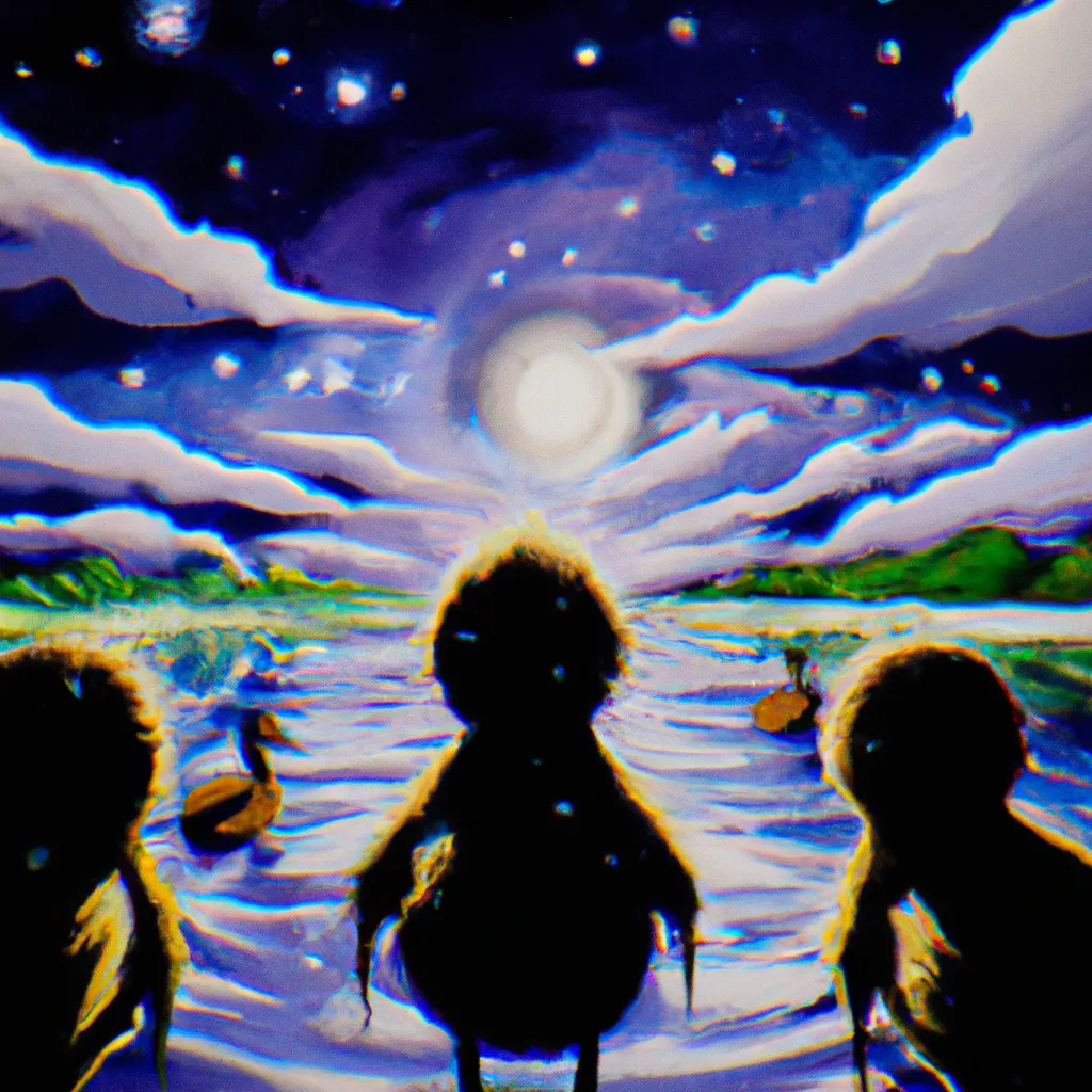 Prompt: Duck children looking at outer space, extremely beautiful and scenic still from an anime by makoto shinkai, highly detailed