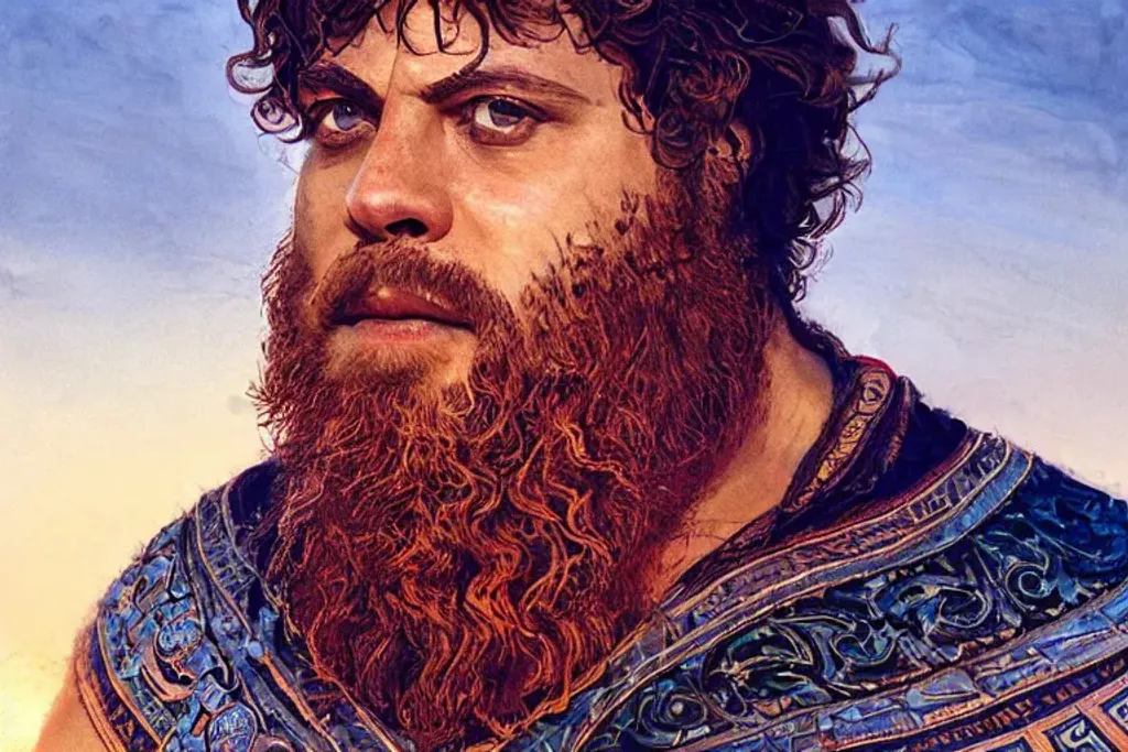 Prompt: Young heavyset cute Oliver Reed, intricate hair, detailed beard, clear intricate face, with glowing runes on tunic, glowing lights, orange and cyan lighting, symmetrical, wide eyes, intricate ancient Greece, light scattering, breathtaking beauty, intricate detailed environment, dramatic sunset, by Greg Rutkowski