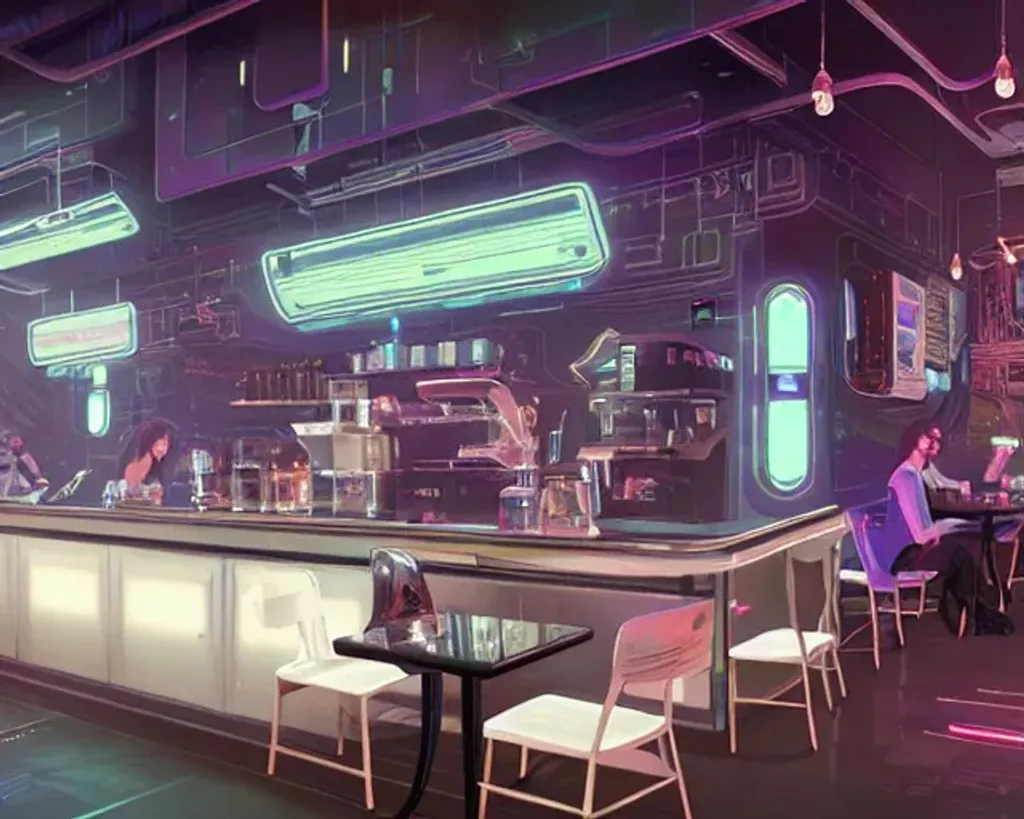 Prompt: Glossy cyberpunk coffee shop, with sleek white decor and holographic menus, highly detailed, digital painting, concept art, smooth, sharp focus, illustration, Unreal Engine 5, 8K, art by Ross Tran and greg rutkowski and alphonse Mucha