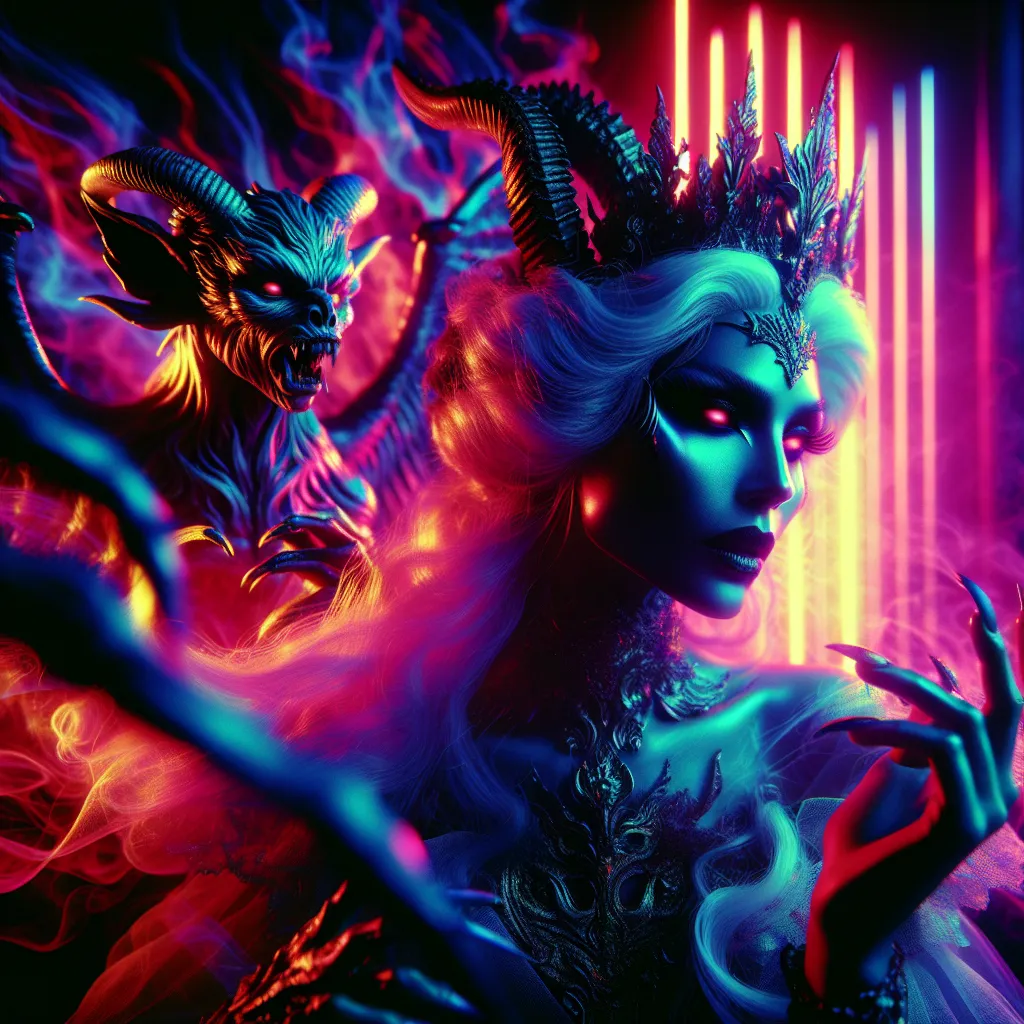 Prompt: Beautiful queen of succubi, demonic figure in a gothic vaporwave setting, dynamic pose, beauty, neon lights casting a dramatic glow, retro aesthetic, high definition, dramatic lighting, demonic, high quality, liminal, vivid colors, detailed features, atmospheric, haunting vibe, surreal, retro-futuristic, intense gaze, otherworldly, dark and unsettling, eerie