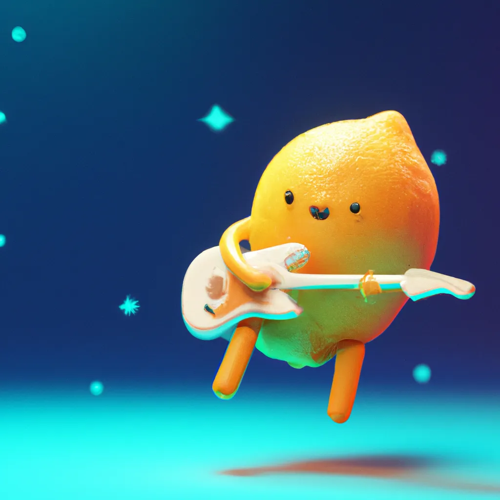 Prompt: Cute lemon playing the guitar in space, 3d style, trending on artstation, really beautiful, devianart