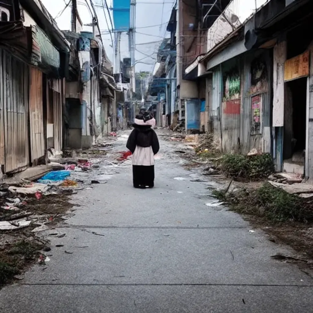 Prompt: abandoned korean street at night, creepy people standing, garbage on ground