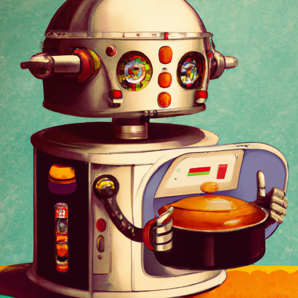 Prompt: a vintage poster of a cooking robot, digital art