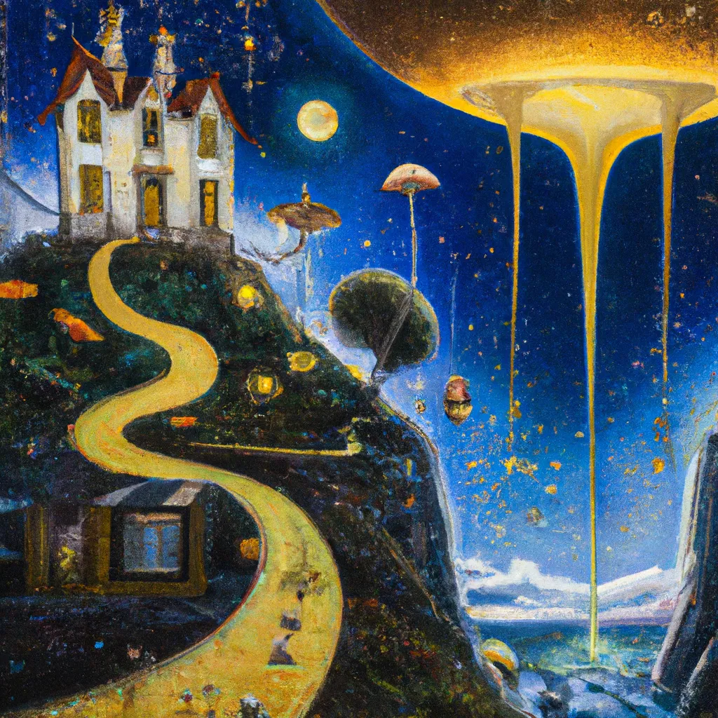 Prompt: An expressive surrealism oil painting of a art nouveau lemon house on the edge of a hill with a lemonade waterfall, in space with constellations and moon light. Steampunk style. 
 By Tim Burton, Anna Dittmann and Elsa Beskow.