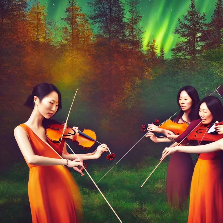four chinese women playing string quartet in a fores... OpenArt