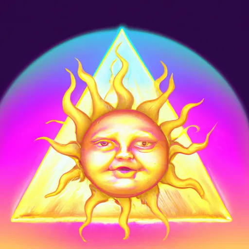 Prompt: sun with face acid trip alchemy, esoteric, hyperrealistic, vaporwave 90s ocean pyramid, Illuminati, cannabis, melting