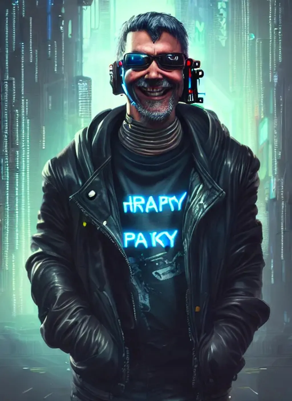 Prompt: Extremely detailed portrait of  cyberpunk old hacker mercenary with black hair with happy smile, extremely detailed  cyberpunk street, hyperrealistic background , 8k, high quality, concept art, trending on artstation, sharp focus, studio photo, intricate details, hyper detailed