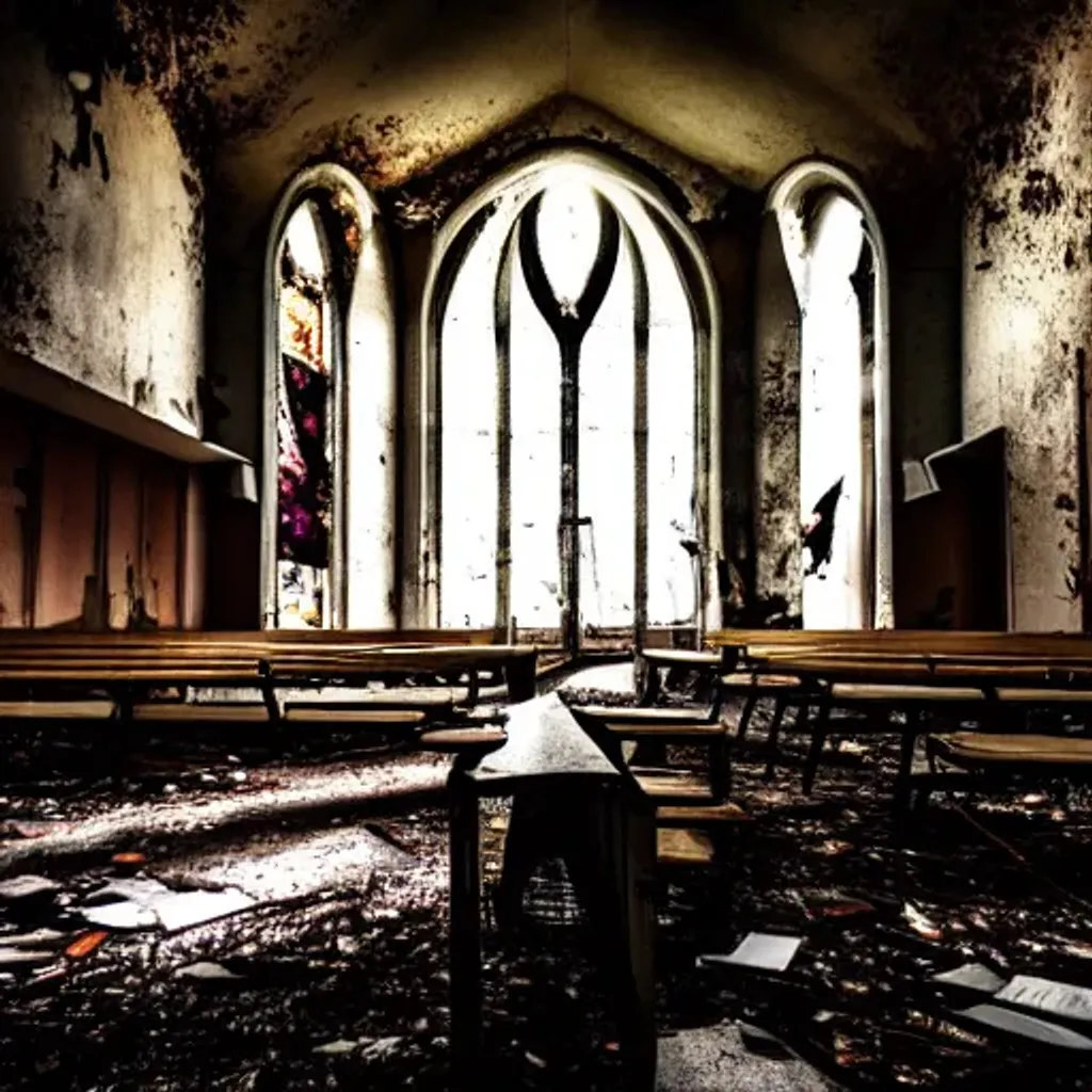 Prompt: inside abandoned church, broken benches, moody light, garbage on floor, broken roof with light coming inside