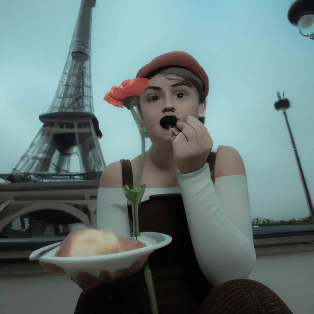 Prompt: A beautiful woman eating a croissant by the French café , vintage , 1950s France , post ww2 , beret , short hair , mime , wilted flowers , extreme wide shot , environment , Eiffel tower