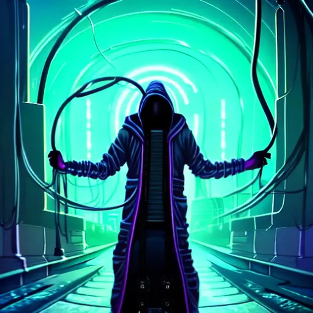 Prompt: glitchcore cyberpunk eldritch horror technomancer in a hooded robe with electrical cable tendrils sprouting from its back, in a futuristic city TRON