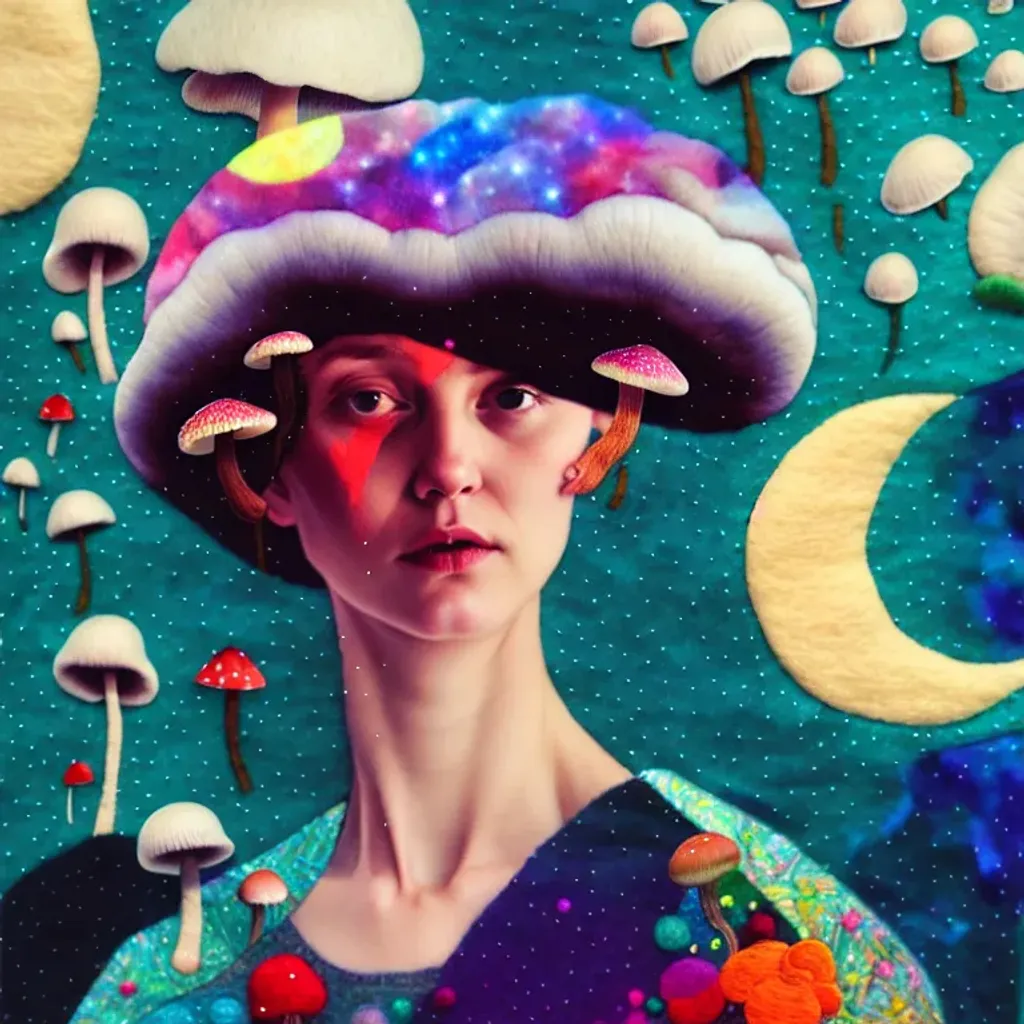 Prompt: Felt fabric Embroidered portrait by Ryan Hewett, Beautiful woman in a mushroom galaxy, hq, fungi, celestial, portrait, moon, stars, victo ngai 