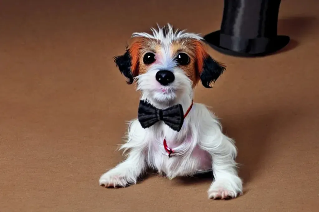 Prompt: a high quality painting of a very cute scruffy wire haired jack russell terrier puppy, white with a black spot on the rump and brown patches over both eyes. friendly, curious expression. The puppy should be wearing a top hat and bowtie.