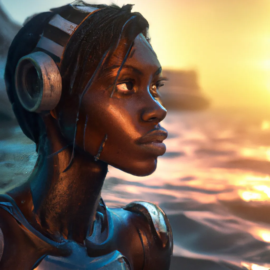 Prompt: a young black woman in cyberpunk bikini, coming out of the sea, digital art