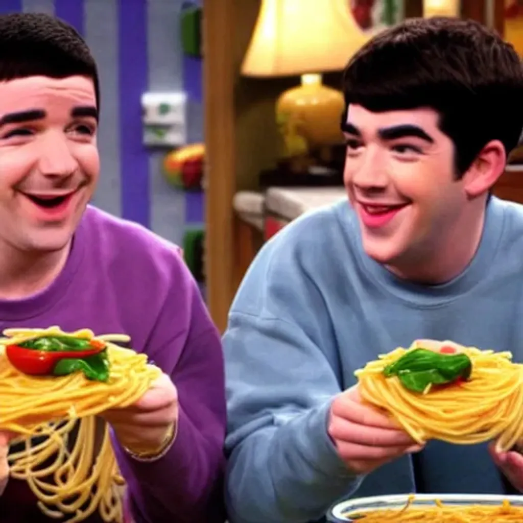 Prompt: Drake and Josh eating spaghetti 