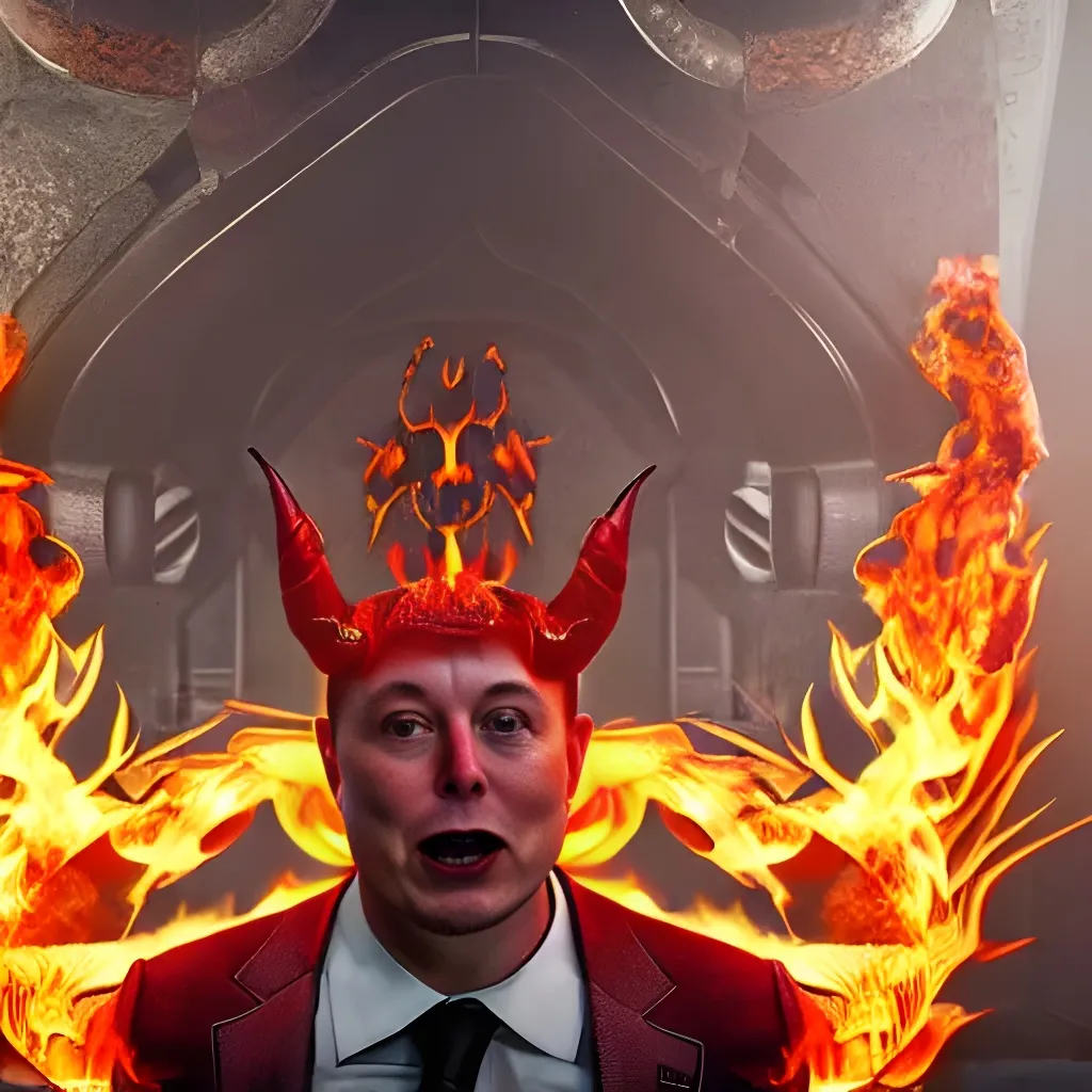 Prompt: Elon Musk as with devil horns, angry face, surrounded in flames, realistic, trending on artstation, masterpiece, intricate details, 8k unreal engine 5, photorealistic