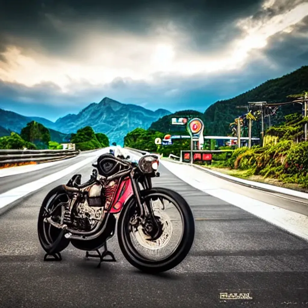 Prompt: Bōsōzoku-Style Cafe-Racer {motorcycle} on a futuristic neon lighted Japanese Highway moving towards an Endless Road with A Spectacular Sunset Sky with Mountainous Dense Foliage, HDR, Sharp Focus, Natural Lights. 