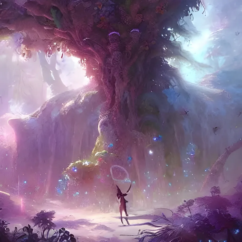 Prompt: colorful wisps and fairies in a lush crystal forest full of magical auras, fantasy setting, tony sart artwork, epic artwork, concept art, ultra high detailed, greg rutkowski artwork