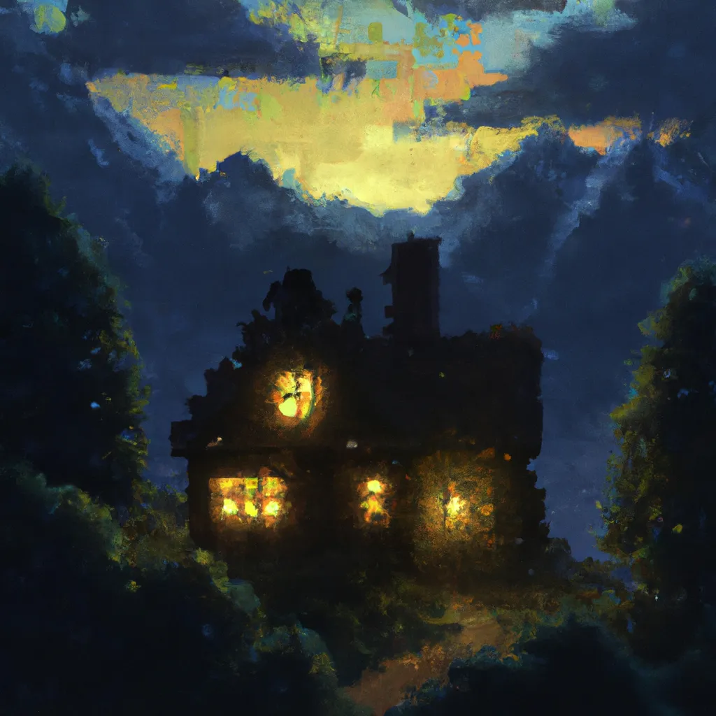 Prompt: 1800s painting of house in mountains at night, in style of minecraft