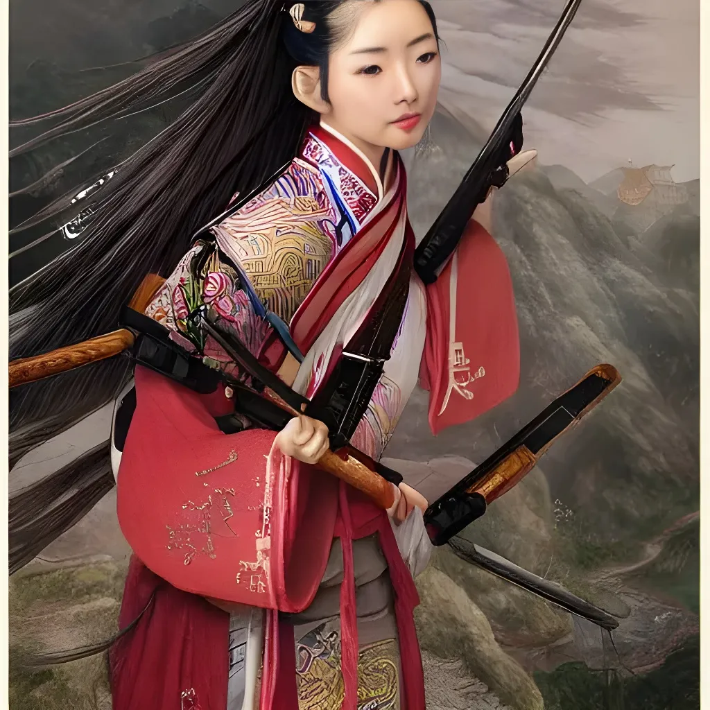 Prompt: An epic fantasy wuxia illustration portrait of a beautiful Chinese female cultivator wearing military hanfu using a rifle in the rural mountainside, full body XIANXIA, manga, Chinese temple, intricate linework, depth of field by Yoji Shinkawa 4k -n 4 -i, pi, artstation, pixiv, artgerm, unreal engine, masterpiece, bright colours, high quality