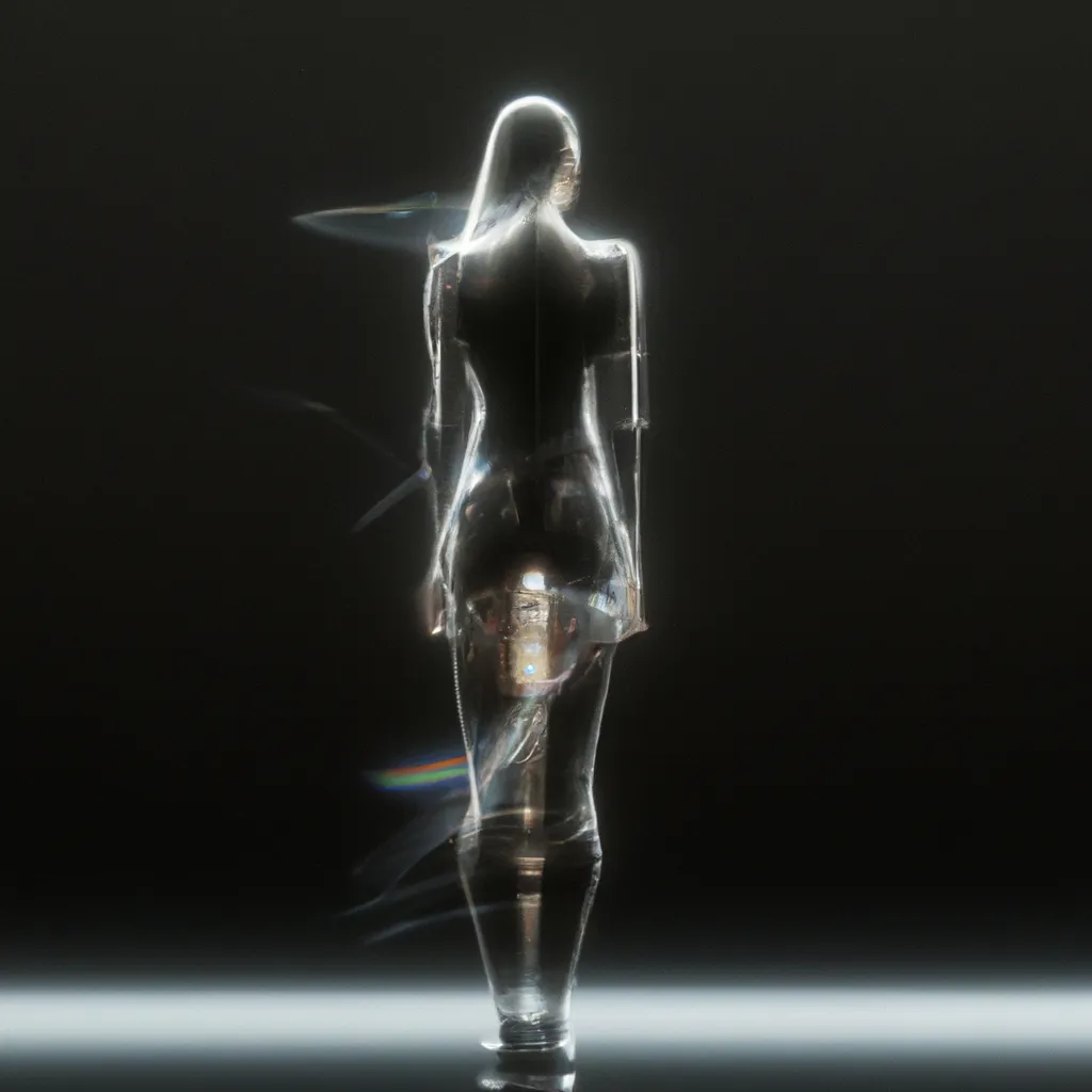 Prompt: a smooth transparent clear crystal body of a beautiful woman posing appears to be illuminated by smooth streaks of random lightning bolt wrapping her body in total darkness by Christian W. Staudinger, featured on cg society, perfect composition, black background, darkness, holography, backlight, transparent crystal, chiaroscuro, bioluminescence, opalescent, iridescent, x-ray hologram | 3d octane render | octane lighting | dream fantasy | centered | octane render artstation trending 8k ultra-detailed  | sharp focus golden ratio | Disney Pixar Dreamworks 