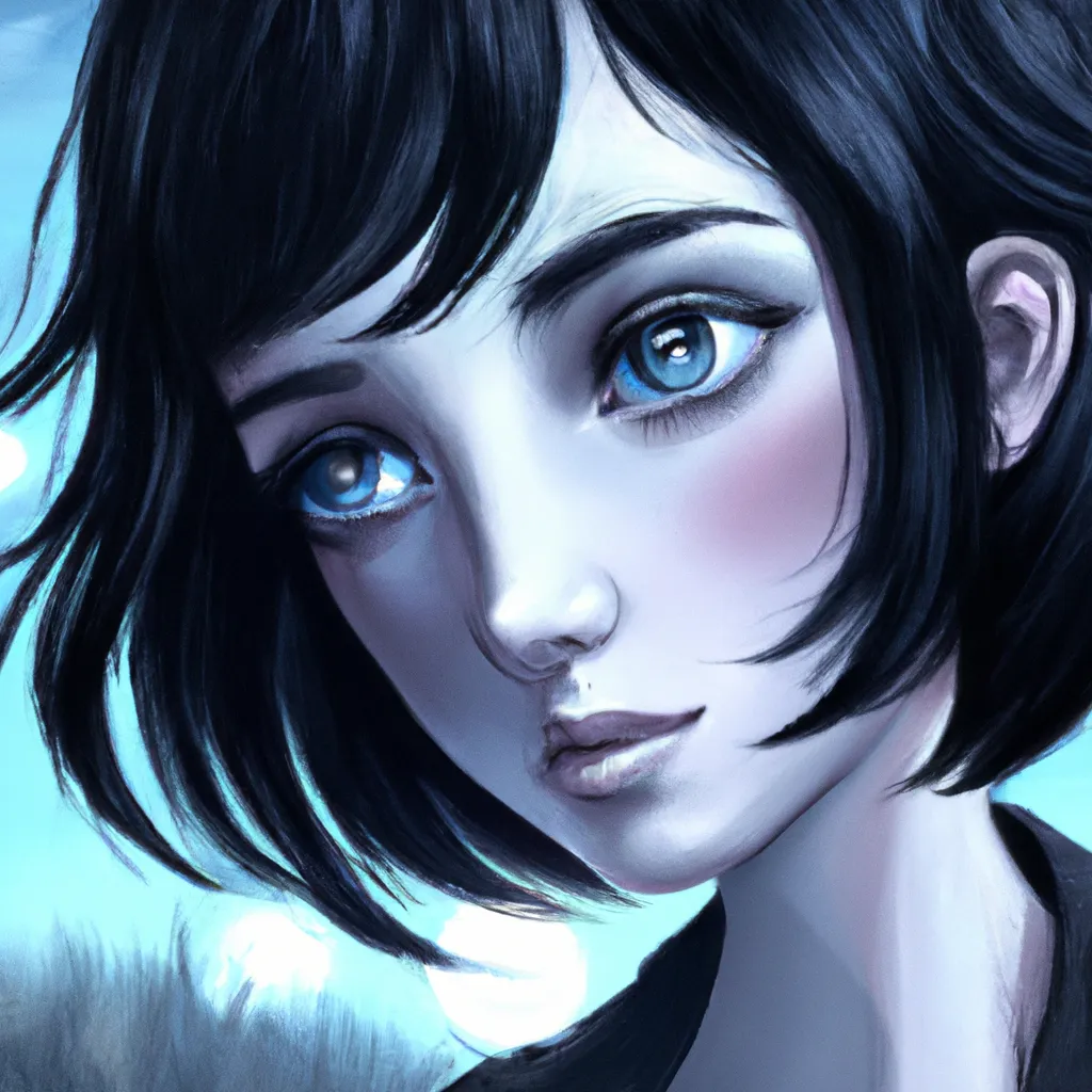 Prompt: Portrait, one face, of a gorgeous woman with short wavey black hair, sky blue eyes, dark complexion, slender, beautiful, accurately proportioned, full moon, weeping willow trees, artgerm, artstation, anime, cgi