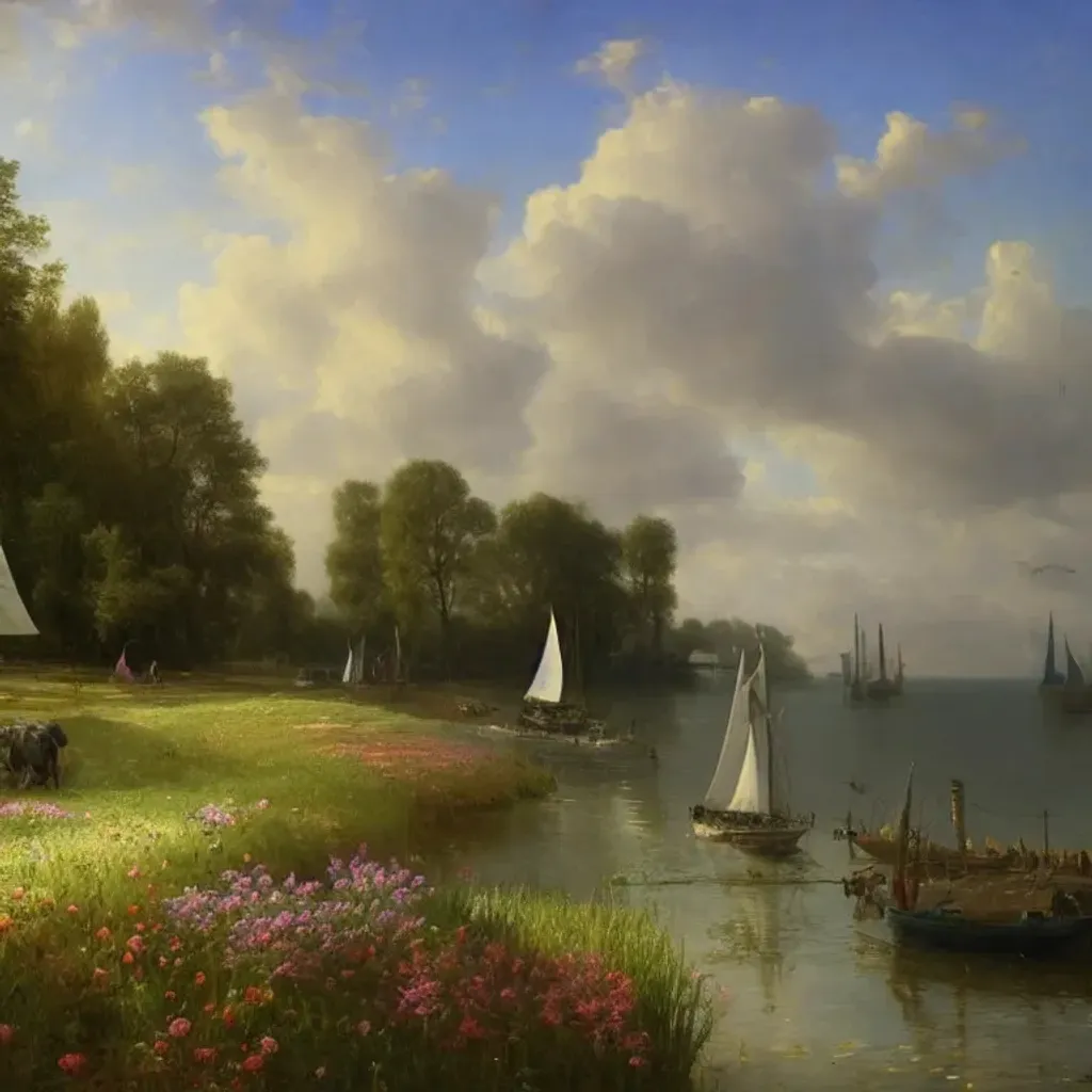 Prompt: Beautiful Dutch landscape with brilliant spaces of farmers, coastal view with sailboats, dutch sky, green flowers meadow,, by Albert Bierstadt, Artstation, by Ivan Shishkin, Canvas, Cool Color Palette, insanely detailed and intricate, hypermaximalist, elegant, ornate, hyper realistic, super detailed