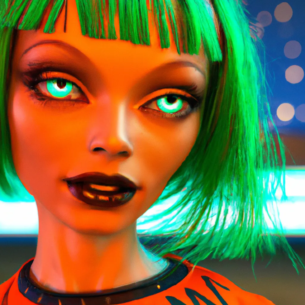 Prompt: a half body solarpunk shot of a BJD 3D cyberpop, nina kraviz, face by WLOP, orange lights, ultra realistic, 4k detail, face recognizably human, fiber optic teal hair, green lipstick, orange eyeshadow, cute teeth, nose ring