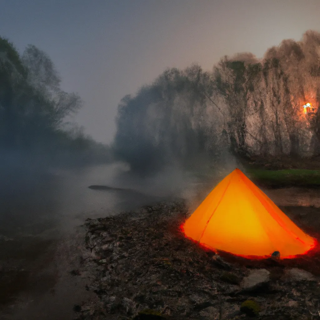 Prompt: A large primitive oaf in the foreground, bonfire by the river, Orange Solar tent in the middle of a forest, foggy environment, crepuscular light, dramatic scenery, moody