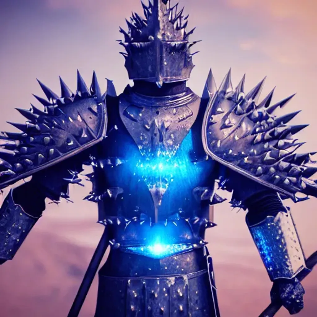 Prompt: knight,  blue spiked armor, glowing blue eyes, cloaked, magical background, cinematic, 4k