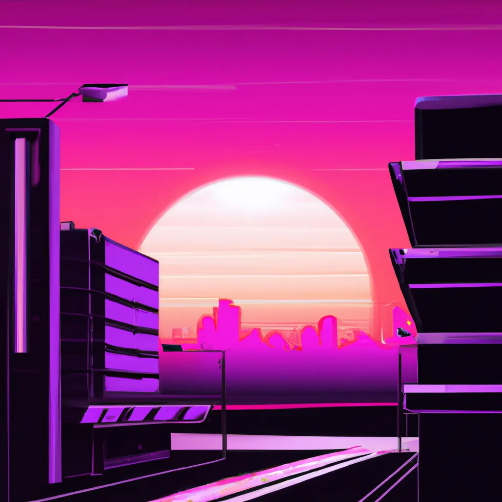 Prompt: Giant Moon seen in the sunset sky, outrun, retrowave, synthwave, vaporwave, digital art