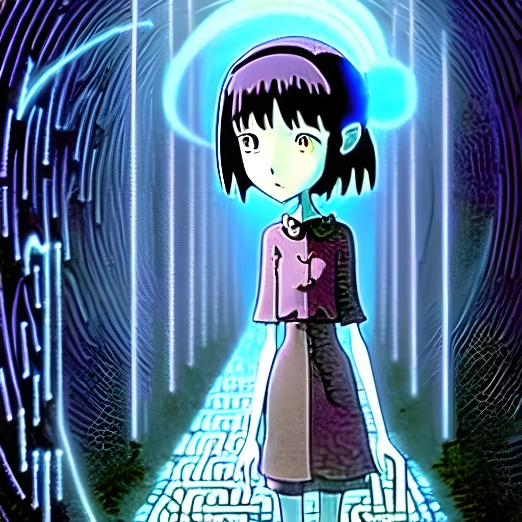 Prompt: Lain, anime. Ultra realistic hyper realistic octane render digital airbrush Studio ghibli poster of a smart and happy middle aged artificial intelligence artist woman walking trough a Circuit board labyrinth maze garden in the style of Coraline and Corpse Bride and Don't Starve. 

Multidimensional dreamy poetic emotional illusion by Sho Murase, Anna Dittmann, Bernie Wrightson, Tom Bagshaw and tim Burton. slightly inspired by eyvind earle and Alice in wonderland. 

Programming code. Network. Neural network. Technology. Easel. Paint. Space, friendship, blessings,  strength, stars, Constellations. Druid. Lillies. Trees. Soft digital. Symmetry.  Symmetrical. Balanced. 