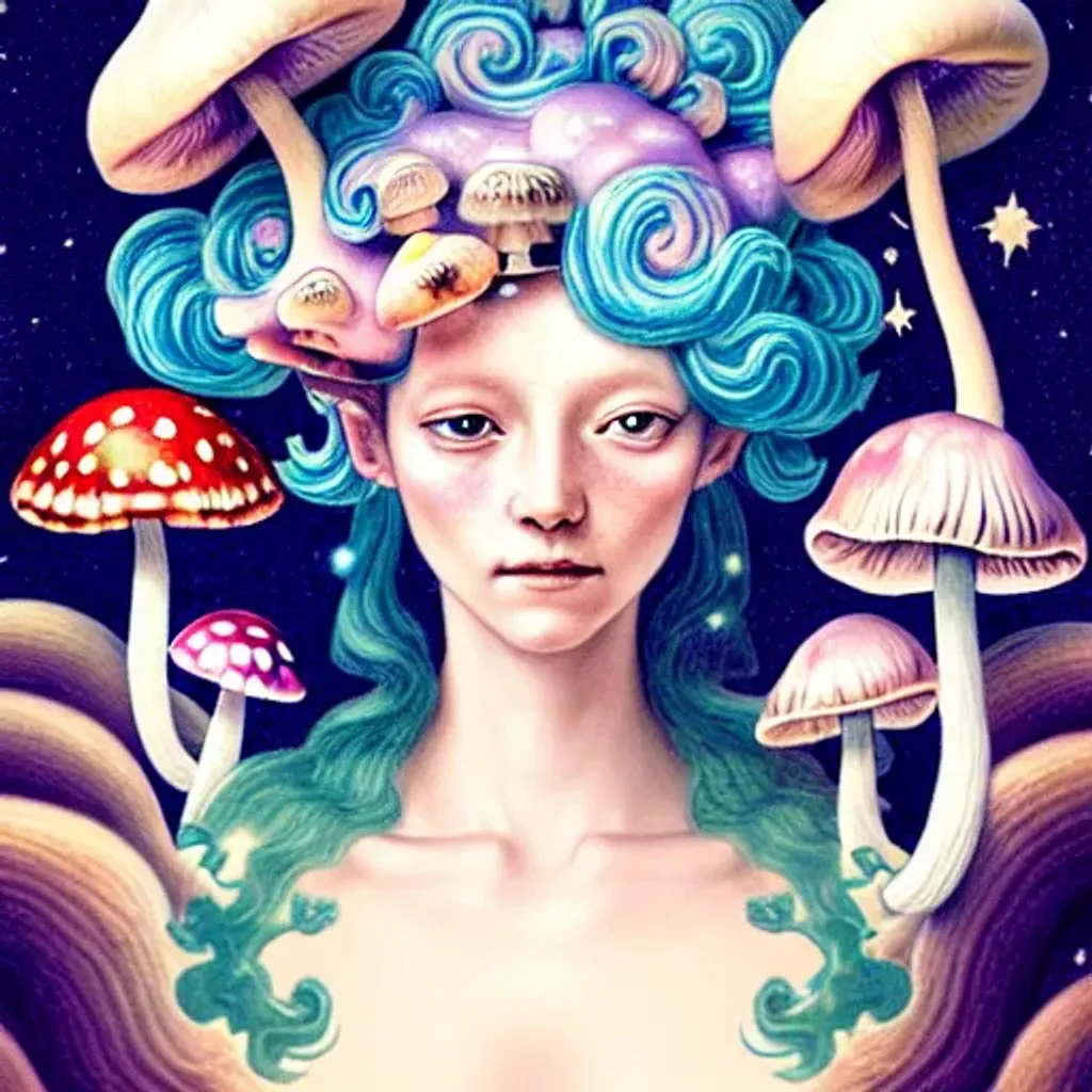 Prompt: Pastel rococo portrait, mushroom mermaid, detailed eyes, the galaxy in her hair, mushrooms, stars, planets, hq, fungi, celestial, moon, galaxy, stars, victo ngai, Ryan Hewett 