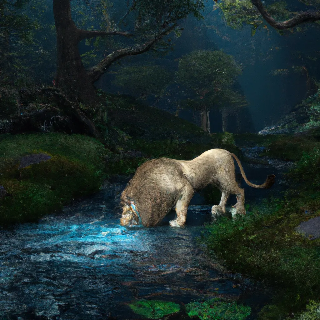 Prompt: a photo realistic render of a lion drinking from a river in a rain forest