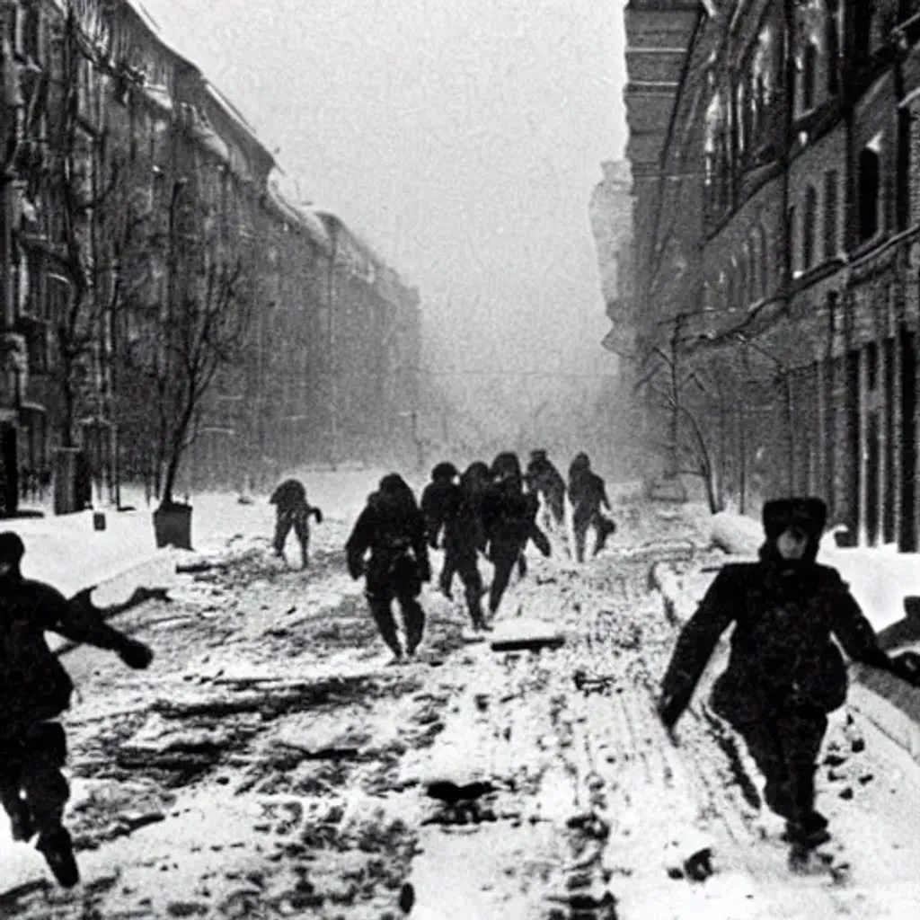 Prompt: Soviet soldiers running through a destroyed city during a blizzard. Leningrad Soviet civil war 1924 