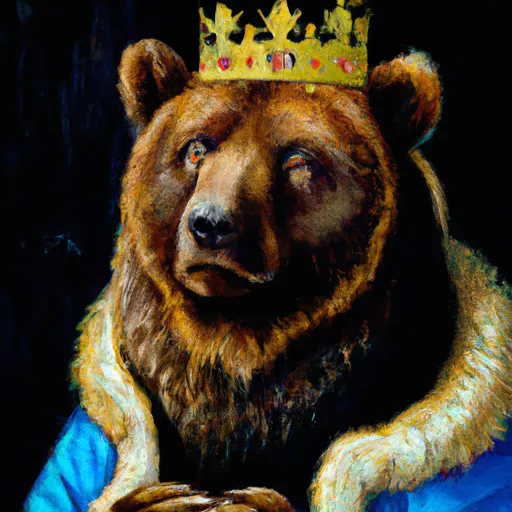 Prompt: An oil painting portrait of a kodiak bear wearing medieval royal robes and an ornate crown on a dark background