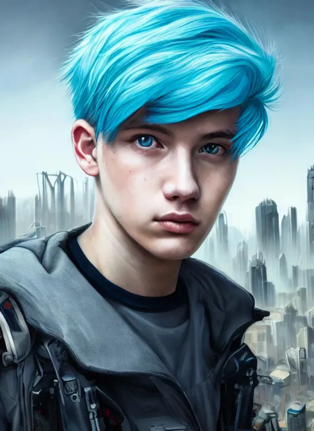 Prompt: Portrait of handsome teen boy with sky blue hair and with cute face as dystopian wasteland character, dystopian city vibe, closeup shot, perfect composition, hyperrealistic, super detailed, 8k, high quality, trending art, destroyed city background , trending on artstation, sharp focus, studio photo, intricate details, highly detailed, by greg rutkowski