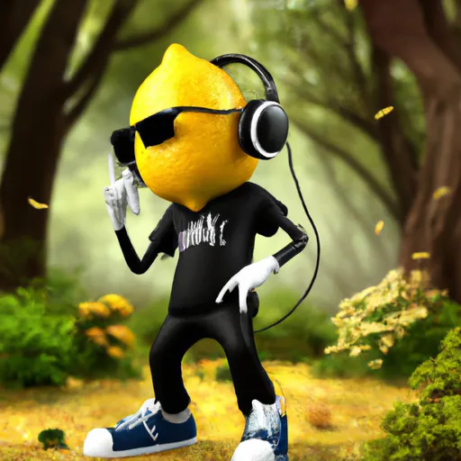 Prompt: Lemon wearing hip hop clothing, dancing, orchard backgound, digital art, 3d, realistic,